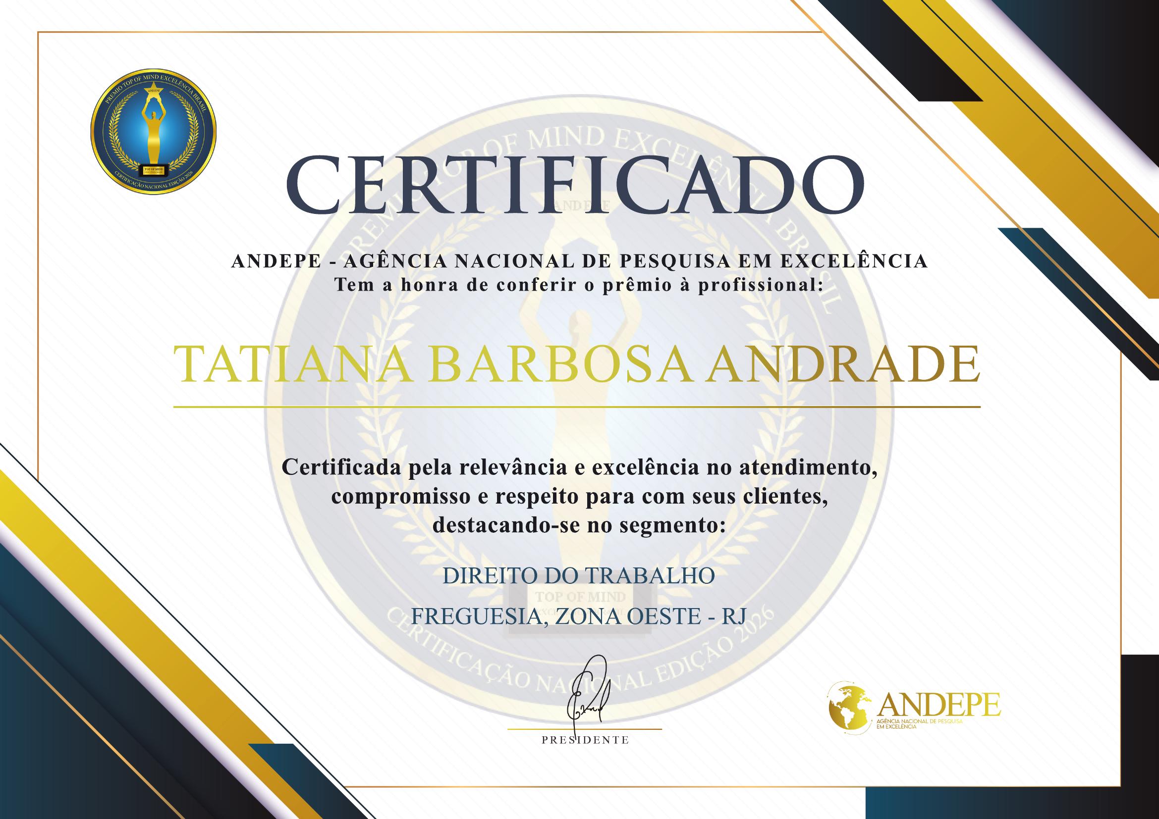 Certificado Top of Mind Excelência ANDEPE 2026 conferido à Dra. Tatiana Barbosa Andrade
